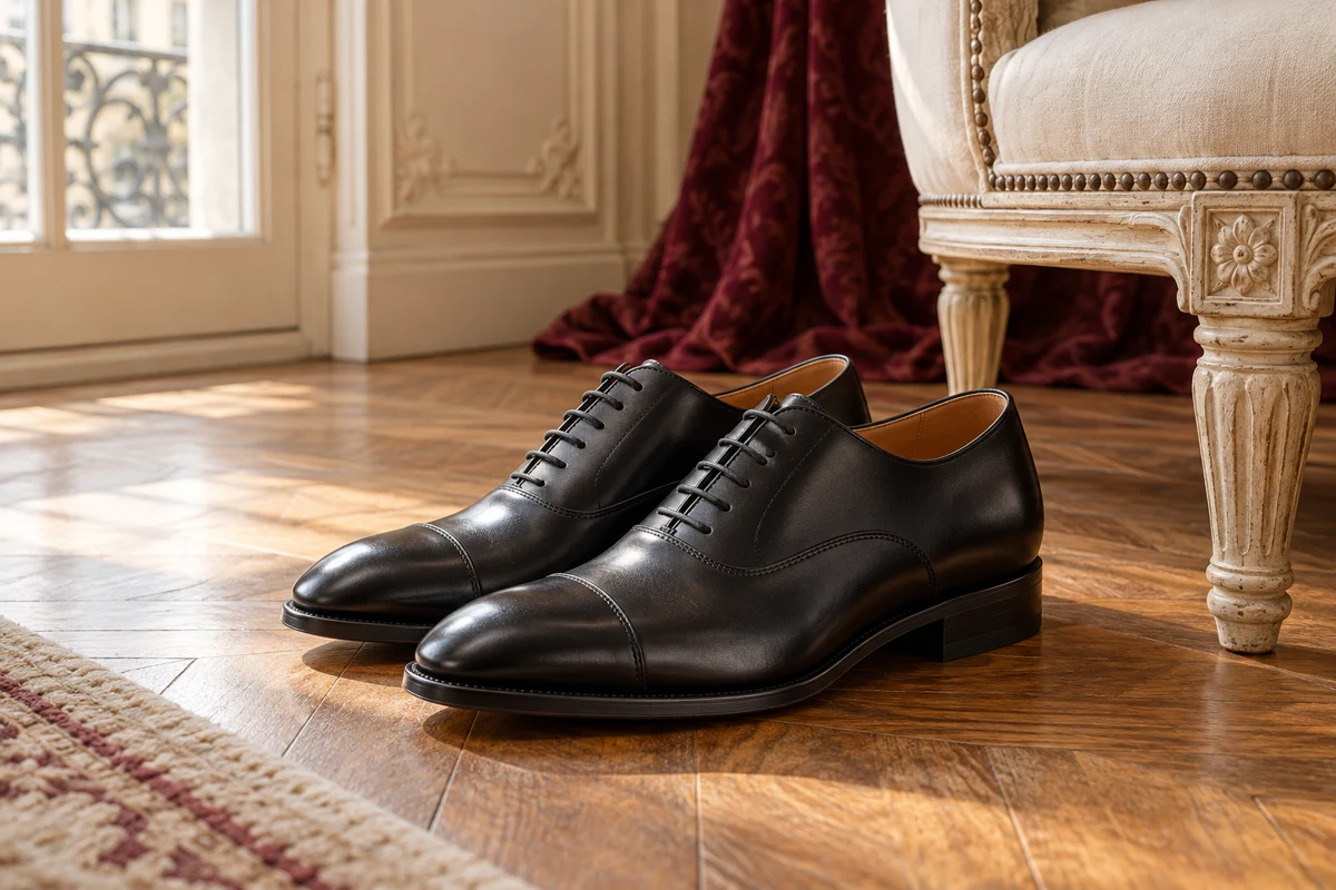Black leather dress shoes styled beside an ivory chair